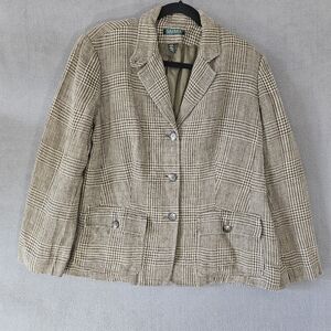 LAUREN RALPH LAUREN Women Plus 16W 100% Linen Blazer Jacket Beige 3 Button Plaid
